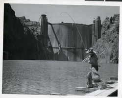 Photograph of a cowboy fishing in Lake Mead, Nevada, circa 1930s