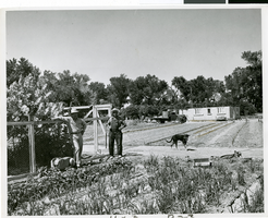 Photograph of two men and two dogs at the Tomiyasu Ranch, Las Vegas, circa 1930s