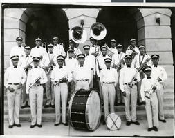 Photograph of musicians standing in front of a courthouse, Las Vegas, circa 1930s