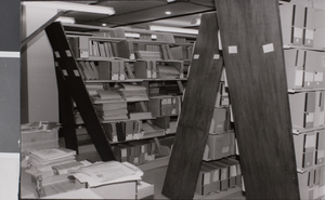 Photograph of earthquake damage in library, University of Nevada, Las Vegas, June 28, 1992