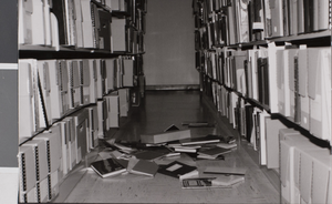 Photograph of earthquake damage in library, University of Nevada, Las Vegas, June 28, 1992