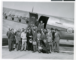 Photograph of men and a Bonanza Airlines plane, circa 1940s