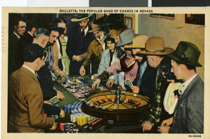 Postcard of roulette players, Las Vegas, circa 1940s