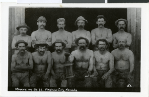Postcard of miners in Virginia City, Nevada, circa 1920s-1930s