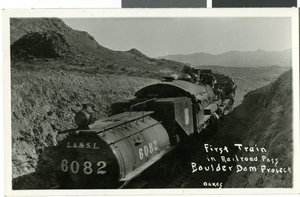 Postcard of a Union Pacific Railroad train, during Hoover Dam construction, late 1920s - early 1930s