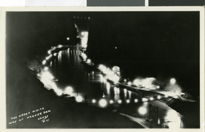 Postcard of Hoover Dam at night, circa early 1930s