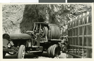 Postcard of concrete truck at Hoover Dam, circa late 1920s to early 1930s