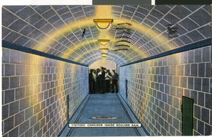 Postcard of the visitors' corridor at Hoover Dam, circa mid 1930s