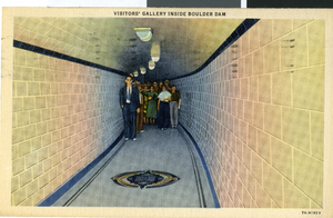 Postcard of the visitors' corridor in Hoover Dam, circa mid 1930s
