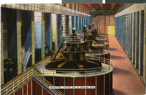 Postcard of a power generator in Hoover Dam, circa mid 1930s to 1950s