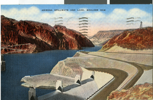 Postcard of spillways of Hoover Dam, circa mid 1930s to 1950s