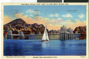 Postcard of a boat on Lake Mead, circa mid 1930s to 1950s