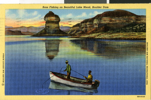 Postcard of men fishing on Lake Mead, circa mid 1930s to 1950s