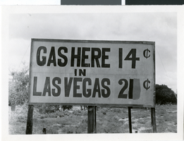 Photograph of a gas price sign, Baker, California, circa early 1920s to 1940s
