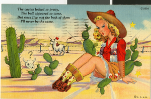 Postcard of a cowgirl and cacti in the southwest desert, circa 1930s to 1950s