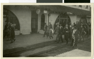 Photograph of a crowd at a railroad station in Las Vegas, circa early 1900s