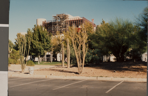 Photograph of the Rod Lee Bigelow Health Sciences building and parking lot, University of Nevada, Las Vegas, October 4, 1991