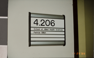 Photograph of a classroom door, University of Nevada, Las Vegas, circa 1991-1992