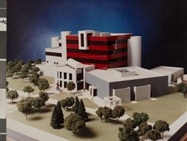 Photograph of Rod Lee Bigelow Health Sciences building model, University of Nevada, Las Vegas, circa 1991-1992