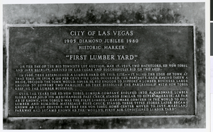 Photograph of the Historical Marker for the Ed Von Tobel Lumber Yard, Las Vegas, circa 1980