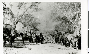 Photograph of men on horses and wagons, St. Thomas, Nevada, circa late 1920s to early 1930s