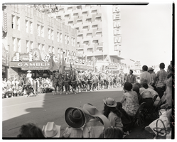 Film transparency of a group of women on horseback in the Helldorado Parade, Fremont Street, Las Vegas, Nevada, May, 1958