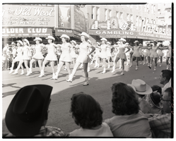 Film transparency of an all female drill team in the Helldorado Parade on Fremont Street, Las Vegas, Nevada, May, 1958