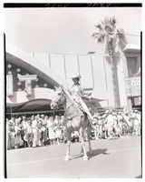 Film transparency of a woman riding a horse in the Helldorado Parade on Fremont Street, Las Vegas, Nevada, May, 1958