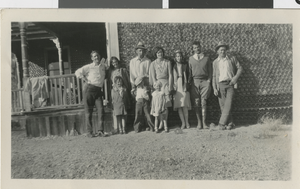 Photograph of Lucille McAllister with others by Bottle House, Rhyolite, Nevada, circa 1920s