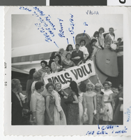 Photograph of Bluebell Girls posing near airplane in Chicago, Illinois, June 20, 1958