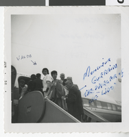 Photograph of Valda Boyne Esau and other Bluebell girls on steps of airplane in Chicago, Illinois, June 20, 1958