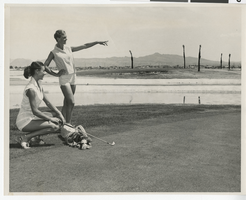 Photograph of Valda Boyne Esau and Jill Salisbury at new Stardust Golf Course, Las Vegas, 1960