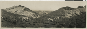 Panoramic photograph of the Antelope quicksilver mining district in Nye County, Nevada, circa 1900s