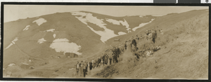 Panoramic photograph of people attending the funeral of A. M. Kushiwa, Tuscarora Mountains, Nevada, April 23, 1933