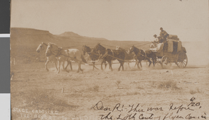 Postcard of a horse-drawn stage coach in the desert, probably in Nevada, circa 1906