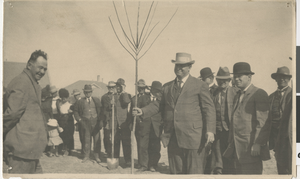 Photograph of people planting first tree in the courthouse park, Las Vegas, March 1911