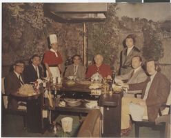 Photograph of Jay Sarno and unidentified men at a Japanese restaurant, probably in Las Vegas, Nevada, May 1972