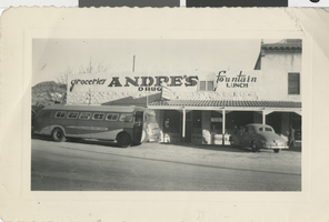 Photograph of Joe Andre's fountain and grocery store, Beatty (Nev.), 1940s