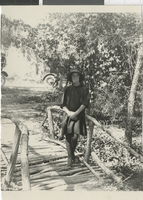 Photograph of Jean Quaid on a wooden bridge, Old Ranch, Las Vegas, 1920s