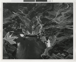 Photograph of aerial view of the Hoover Dam, 1950s