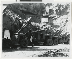 Photograph of construction equipment and trucks, Hoover Dam, 1930s