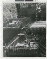 Photograph of dumping concrete, Hoover Dam, 1930s