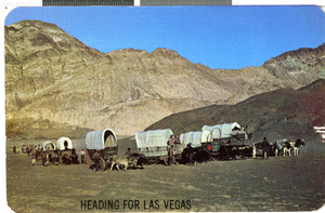 Postcard with photograph of covered wagons, Nevada, 1940-1950