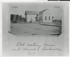 Photograph of old meeting house and church, Bunkerville, Nevada, 1917