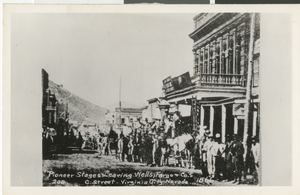 Postcard of pioneer stages on C Street, Virginia City, Nevada, 1866