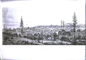 Negative of a line drawing of a town in Nevada, 1856
