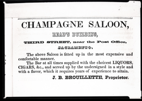Negative of ad for Champagne Saloon, Sacramento, California, circa 1853