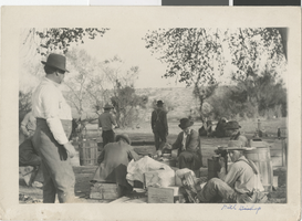 Photograph of Bill Bishop and others camping on Las Vegas Creek, 1880 - early 1900s