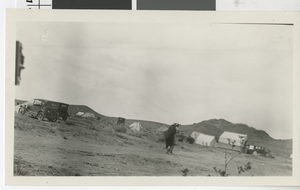 Photograph of two women in a tent mining town, Wahmonie (Nev.), 1920s