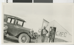 Photograph of Spud Lake and Fred Hesse in front of Gold Bar Club, Wahmonie (Nev.), 1928-1929